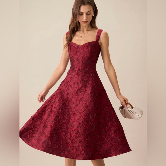 NWT Rihoas Red sweetheart neck jacquard midi Women's Dress size Medium - Picture 1 of 10